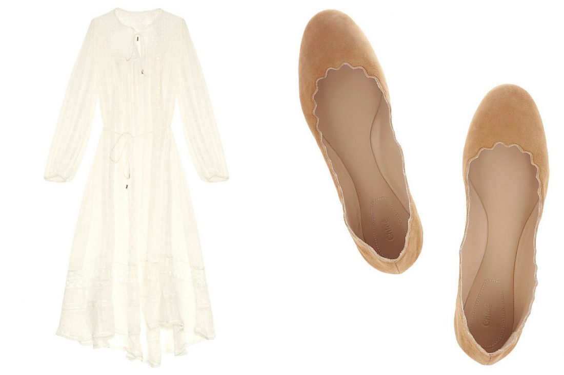 Zimmermann Belle Swiss-dot And Lace Silk Midi Dress, availabe on lyst.ca Chloé Beige Chloé Lauren Scalloped Suede Ballet Flats, availabe on lyst.ca